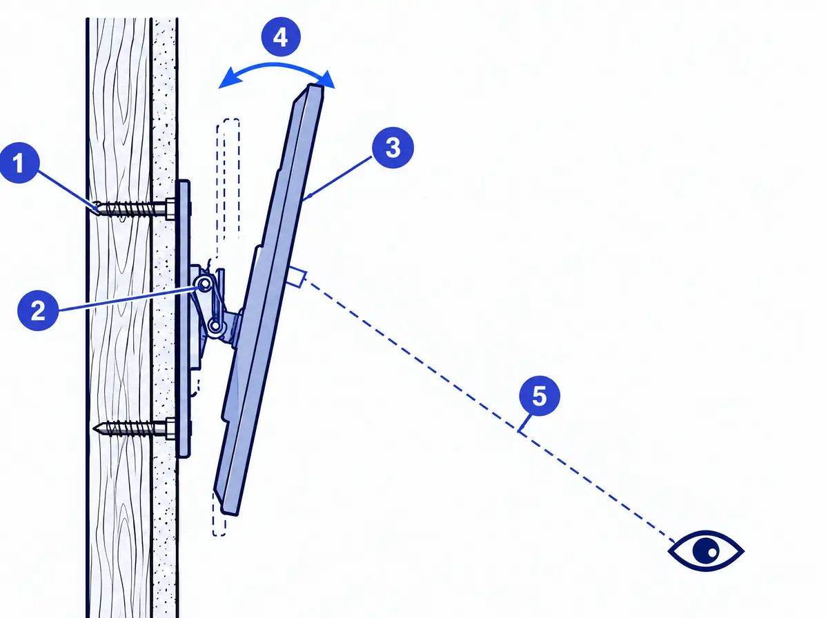 Diagram: side section of a tilting TV mount angling the screen down